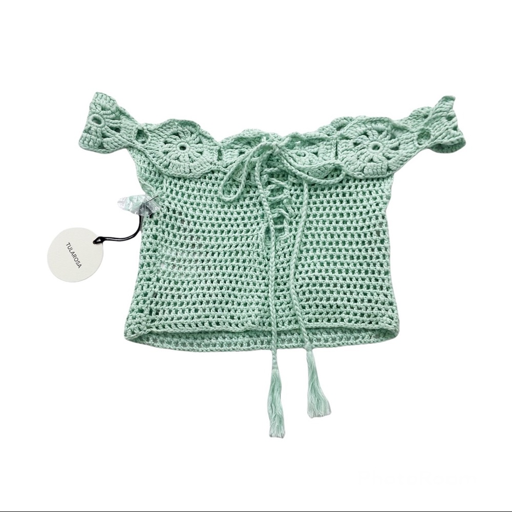 ❤️SOLD NWT Tularosa X Revolve Izzy Mint Crochet Knit Off Shoulder Tie Crop Top - Picture 5 of 11